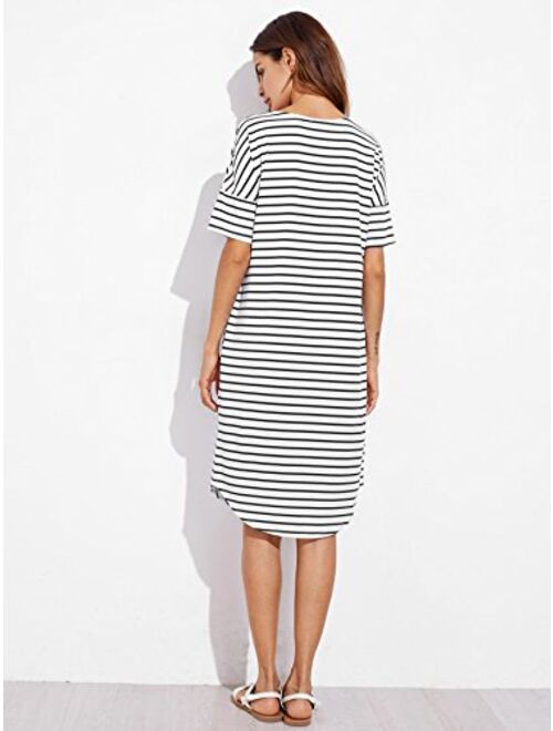 Floerns Women's Short Sleeve Drop Shoulder Pocket Stripe T Shirt Dress