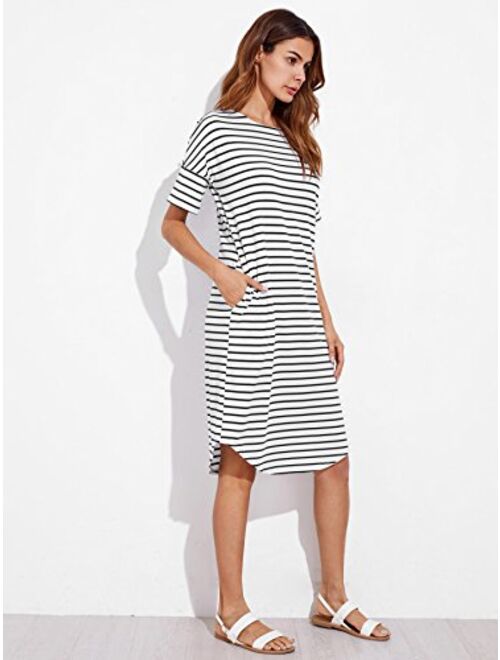 Floerns Women's Short Sleeve Drop Shoulder Pocket Stripe T Shirt Dress