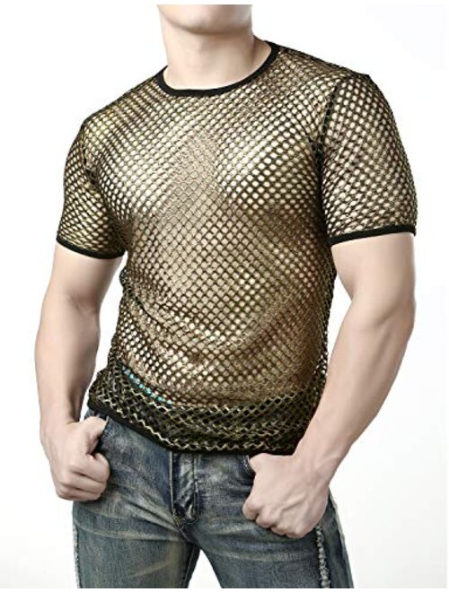 JOGAL Men's Mesh Fishnet Fitted Short Sleeve Muscle Top 