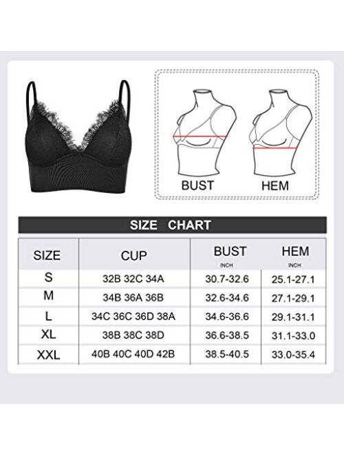 Rolewpy Womens Eyelash Lace Bralette Padded Plunge Bra Wirefree Lacy Lingerie Top Deep V Camisoles