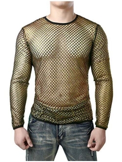 JOGAL Men's Mesh Fishnet Fitted Long Sleeve Muscle Top