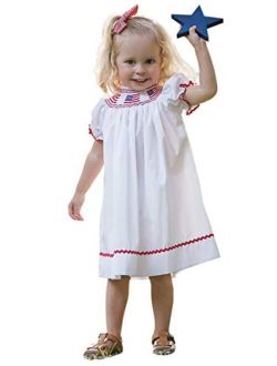 Hand Smocked American Flag Baby Girl White Dress Independence Day Toddler Clothing USA Apparel