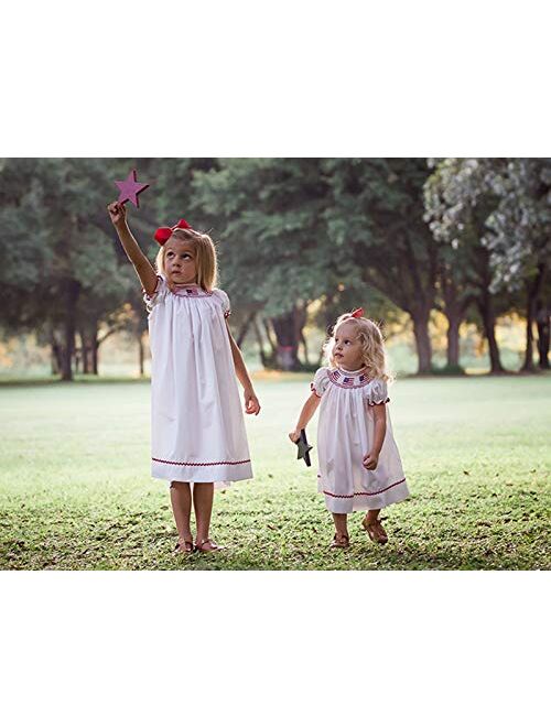 Hand Smocked American Flag Baby Girl White Dress Independence Day Toddler Clothing USA Apparel