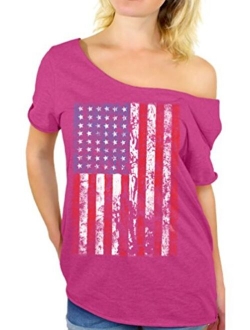 Awkwardstyles American Flag Distressed Off Shoulder Tops T-Shirt + Bookmark