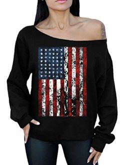 American Flag Distressed 4th July Off The Shoulder Oversized Sweater Sweatshirt