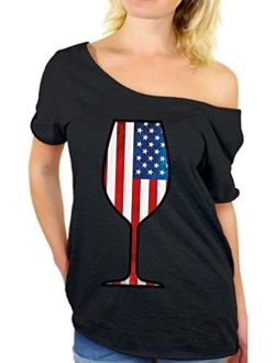 Women's USA Wine Glass Off The Shoulder Tops for Women T Shirts Gifts for 4th of July Party American Flag