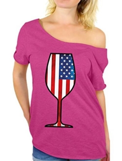 Women's USA Wine Glass Off The Shoulder Tops for Women T Shirts Gifts for 4th of July Party American Flag