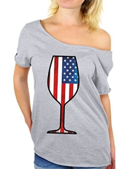Women's USA Wine Glass Off The Shoulder Tops for Women T Shirts Gifts for 4th of July Party American Flag