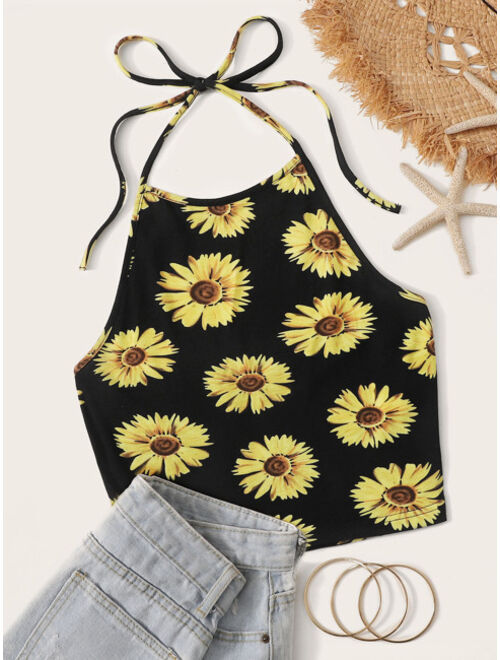 Shein Sunflower Print Halter Crop Top
