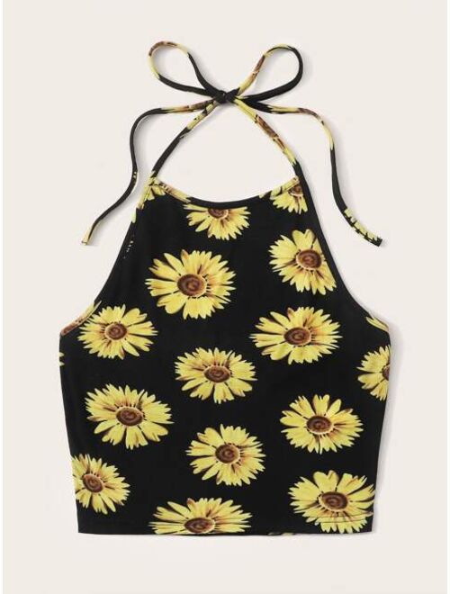 Shein Sunflower Print Halter Crop Top