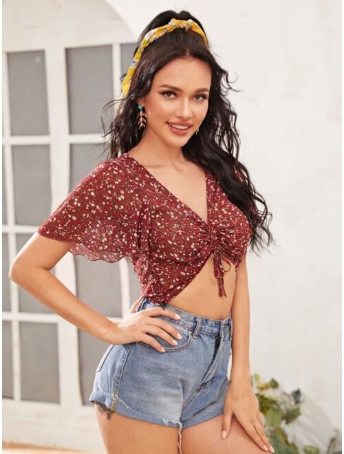 Shein Ditsy Floral Print Drawstring Front Butterfly Sleeve Top
