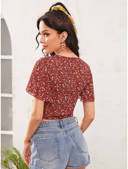 Shein Ditsy Floral Print Drawstring Front Butterfly Sleeve Top