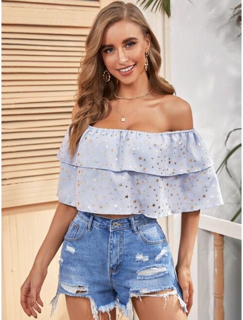 Gold Star Print Ruffle Tiered Layer Top