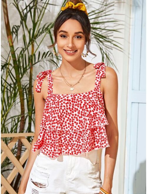Ditsy Floral Knot Strap Layered Ruffle Cami Top