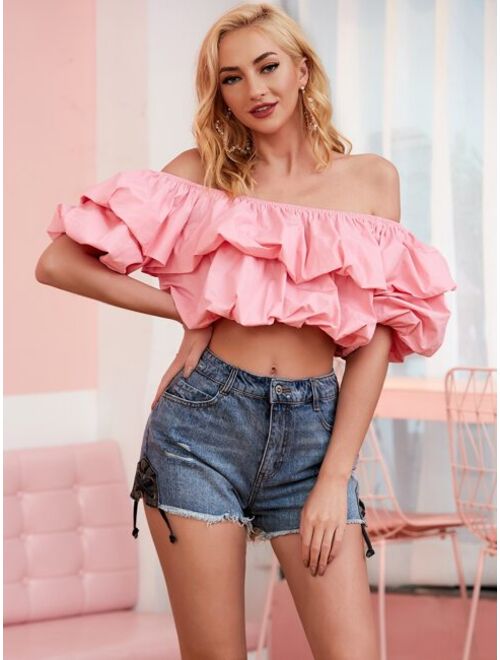 D&M Off Shoulder Puff Sleeve Layered Top