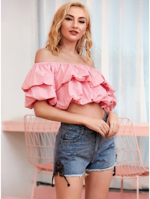 D&M Off Shoulder Puff Sleeve Layered Top