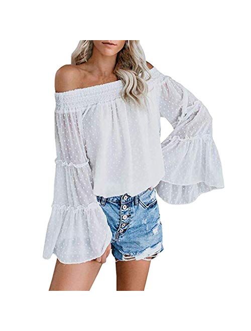 Arjungo Women's Off The Shoulder Tops Long Flared Sleeve Elastic Crop Tops Blouse Shirt
