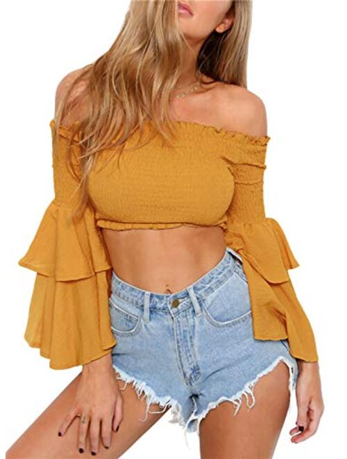 Arjungo Women's Off The Shoulder Tops Long Flared Sleeve Elastic Crop Tops Blouse Shirt