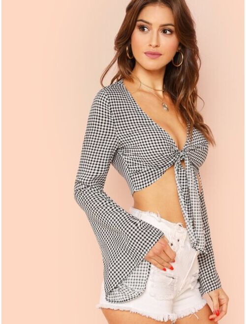 Shein Plunging Knot Front Bell Sleeve Gingham Crop Top