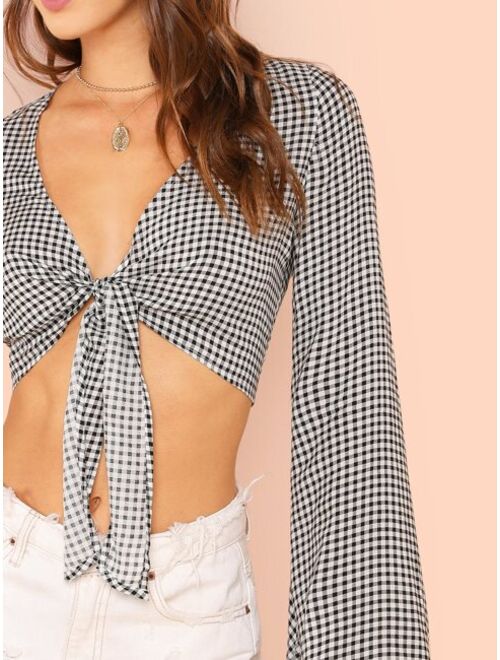 Shein Plunging Knot Front Bell Sleeve Gingham Crop Top