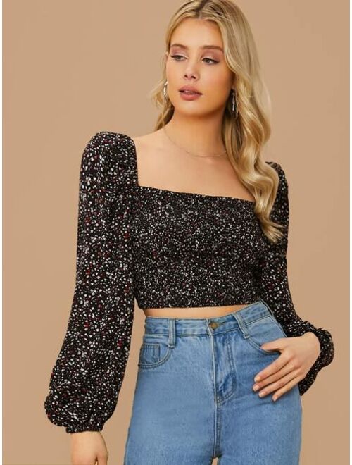 Shein Square Neck Lantern Sleeve Ditsy Floral Top