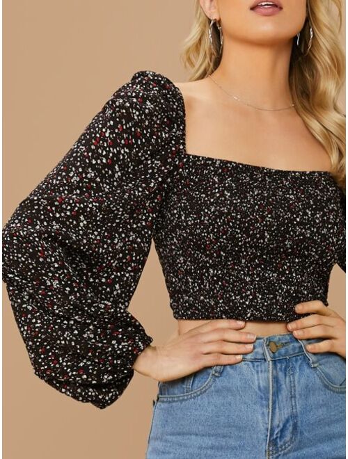 Shein Square Neck Lantern Sleeve Ditsy Floral Top