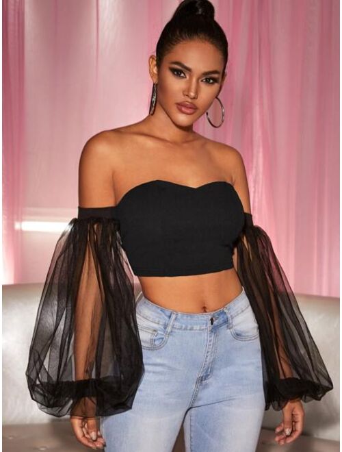 Lace Up Back Mesh Lantern Sleeve Crop Top