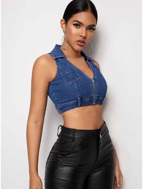 Zip Up Crop Denim Top