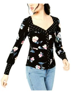 American Rag Women's Black Mixed-Print Ruffle Henley Top Size Small REG $59