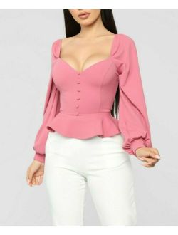 Sweatheart Neckline Puff Long Sleeves Pink Mauve Rose Top Buttons Extra Small XS