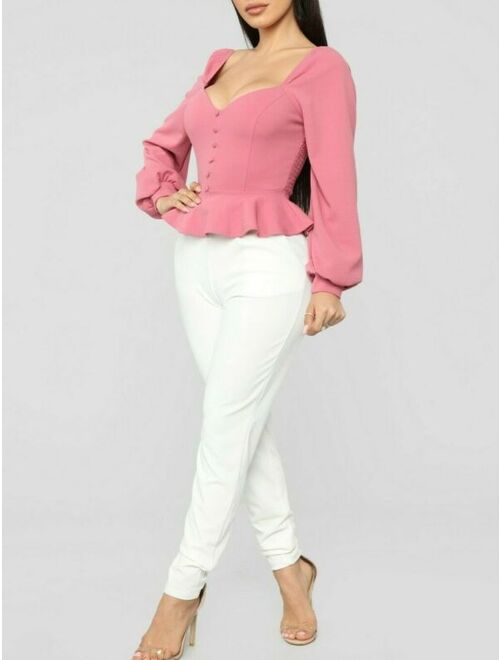 Sweatheart Neckline Puff Long Sleeves Pink Mauve Rose Top Buttons Extra Small XS