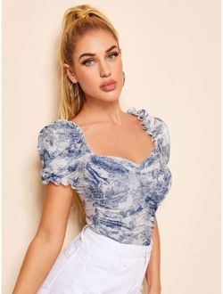 Ruched Landscape Print Mesh Milkmaid Top