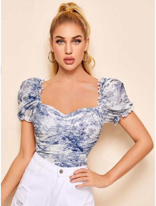 Shein Ruched Landscape Print Mesh Milkmaid Top