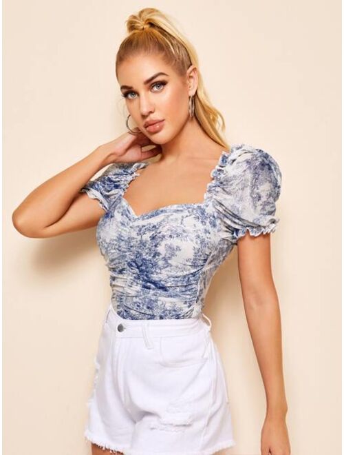 Shein Ruched Landscape Print Mesh Milkmaid Top