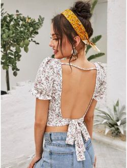 Backless Knotted Ditsy Floral Print Top