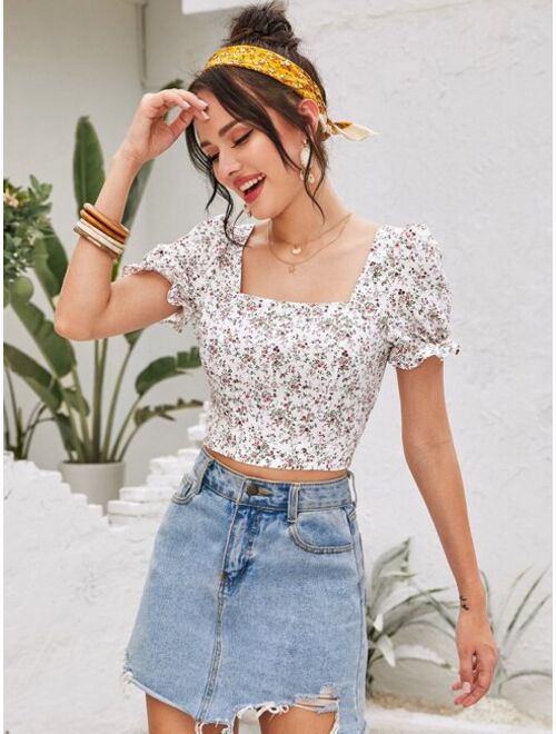 Shein Backless Knotted Ditsy Floral Print Top