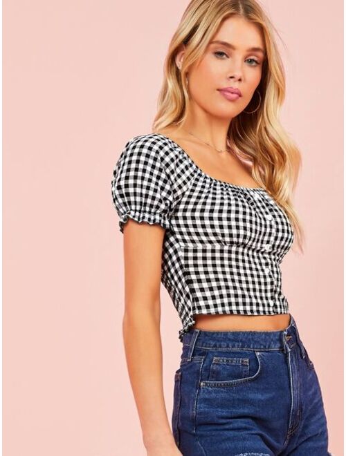 Shein Gingham Print Button Front Milkmaid Top