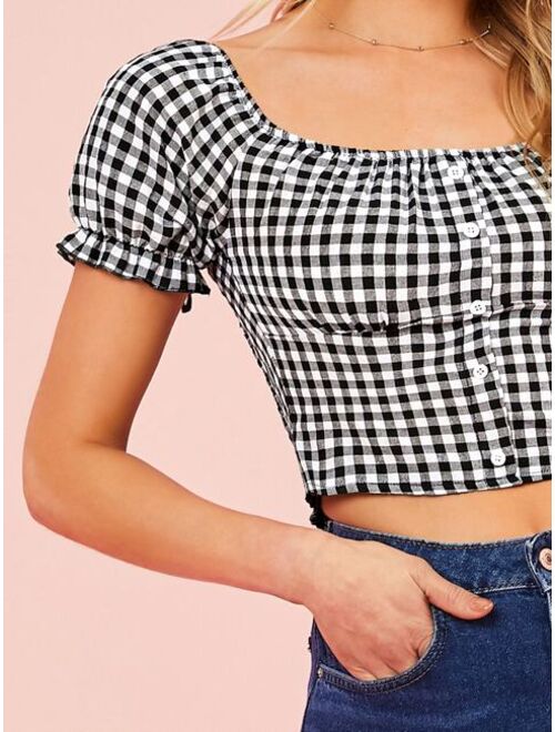 Shein Gingham Print Button Front Milkmaid Top
