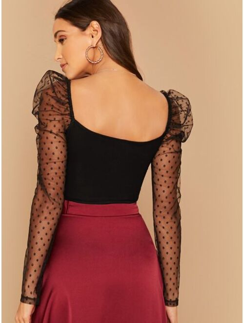 Shein Dobby Sheer Mesh Puff Sleeve Crop Top