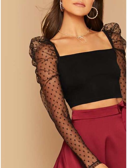 Shein Dobby Sheer Mesh Puff Sleeve Crop Top