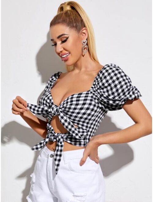 Shein Sweetheart Neck Puff Sleeve Tie Front Gingham Top