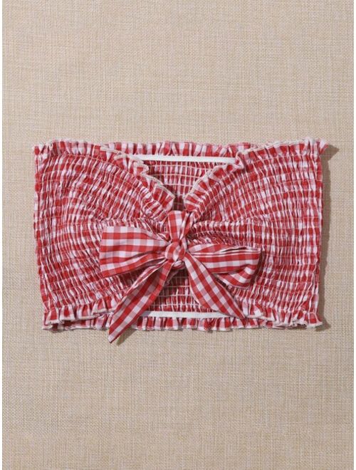 Frill Trim Shirred Tie Front Gingham Bandeau Top