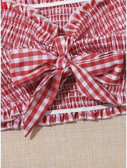 Frill Trim Shirred Tie Front Gingham Bandeau Top