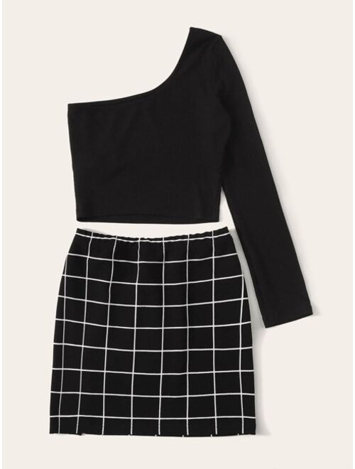 Shein One-Shoulder Crop Top & Grid Mini Skirt Set