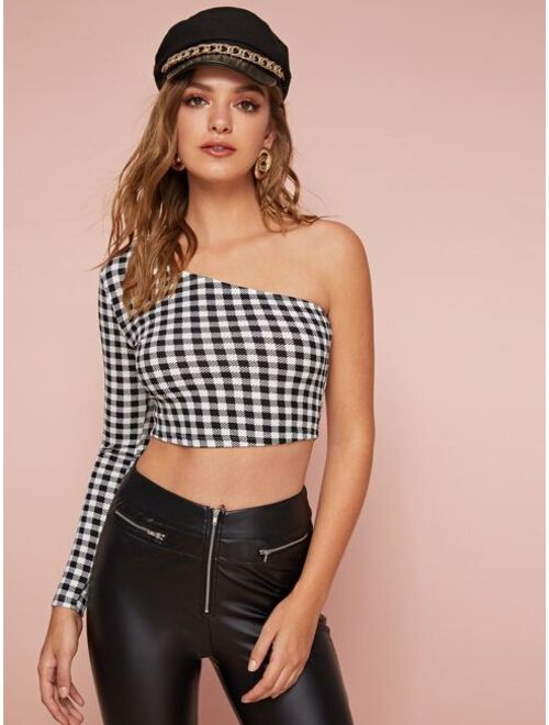 Shein One Shoulder Gingham Print Fitted Crop Top