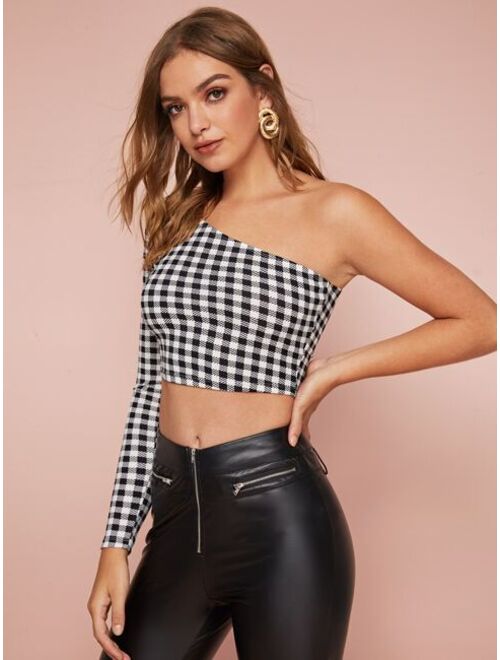 Shein One Shoulder Gingham Print Fitted Crop Top