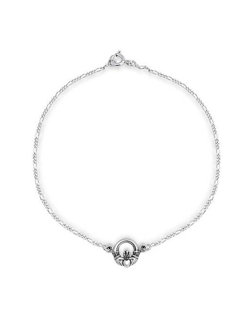 Celtic Claddagh Heart Anklet Figaro Chain Ankle Bracelet For Women 925 Sterling Silver Adjustable 9 To 10 Inch Extender