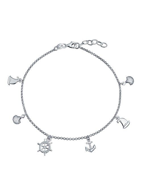 Nautical Multi Charm Dangle Anchor Sailboat Ship Wheel Sea Shell Anklet Ankle Bracelet For Women Sterling Silver 9-10 In
