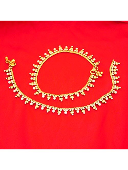 Duel On Jewel Bridal Indian Pakistani Ethnic Gold Plated Payal Anklet Pair in Tiny Pearls Cubic Zirconia