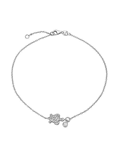 Nautical Turtle Marine Life CZ Accent Anklet Ankle Bracelet For Women Gold Plated 925 Sterling Silver Adjustable 9 To 10 IN